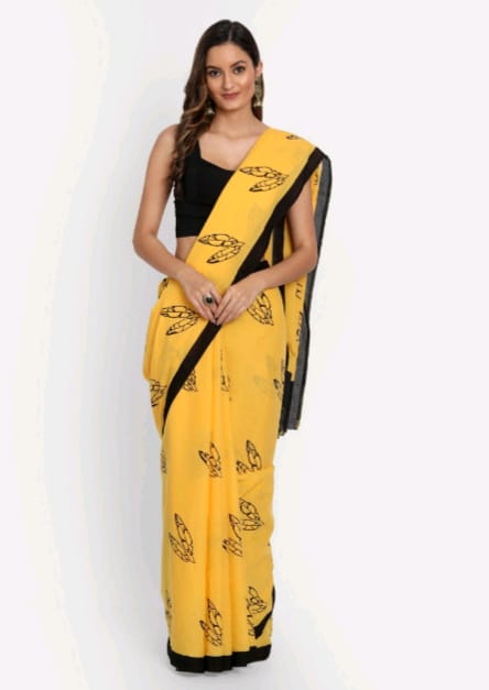 Yellow Hand Printed Mul Cotton Sarees with Blouse!!