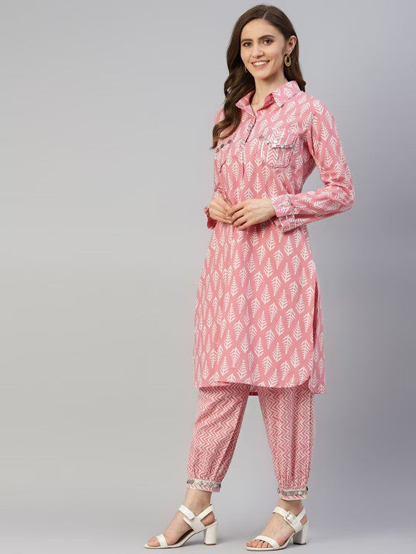 Pink Coloured Ethnic Motifs Printed Shirt collar long Sleeves Straight shape Women Designer Party wear Pure Cotton Kurti with Harem Pant!!