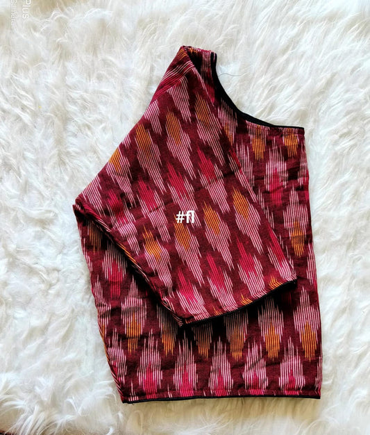 Maroon & Multi Coloured Pure Cotton with Ikkat Printed & Boat Neck Woman Ready made Designer Blouse- Free Size Up to 38 Inch!!