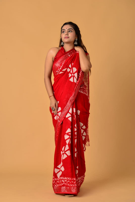 Red & Multi Coloured Linen Cotton with Beautiful Hand Block Printed Women Party/Daily wear Designer Linen Cotton Saree with Blouse!!