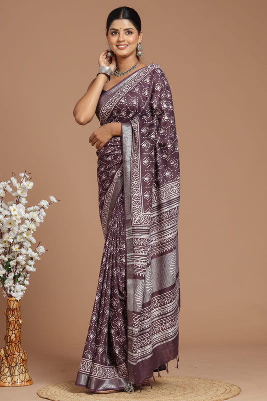 Purple & Multi Coloured Linen Cotton Beautiful Hand Block printed Women Daily/Party wear Saree with Blouse!!