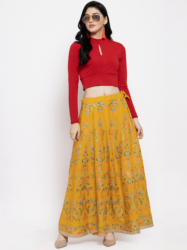 Multi Print Mustard coloured Rayon Skirt Free Size( 28 to 40 Inch)!!