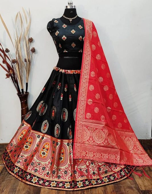 Black & Red Coloured Designer Banarasi Lehenga Choli with Dupatta!!