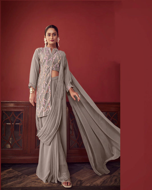 Grey Coloured Premium Georgette with Sequence work Women Party wear Designer Ruffle Ready to wear Fancy Saree with Blouse!!
