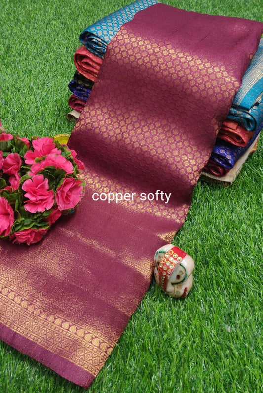 FABULOUS  SOFT SILK SAREE WITH COPPER JARI N CONTRAST BORDER N RICH GRAND PALLU