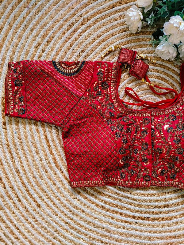 Red Coloured Premium Heavy Milan Silk Copper Jari Heavy Embroidery work Woman Ready made Designer Bridal Blouse- Free Size Up to 46 Inch!!