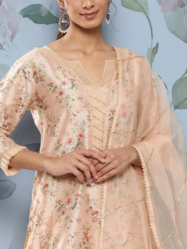 Peach Poly chanderi Floral printed Straight shape Kurti with Trousers & Dupatta!!