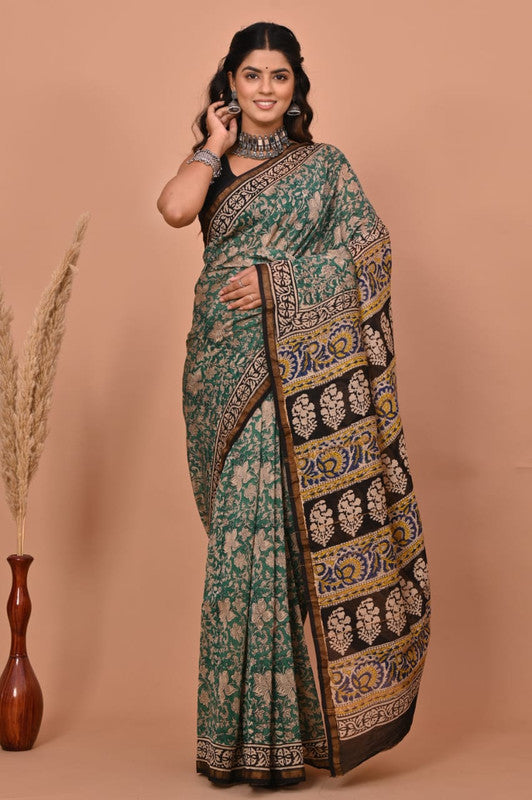 Green & Multi Coloured Hand Block Printed Women Designer Party wear Chanderi Cotton Silk Saree with Runnin Blouse!!