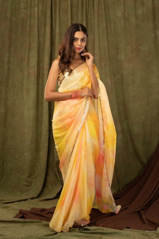 Light Yellow & Multi Coloured Premium Khadi Organza with Digital print Women Party wear Oranza Silk Saree with Blouse!!