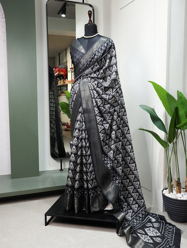 Dark Grey & White Coloured Dola Silk Printed with Weaving Zari Border Women Festival/Party wear Designer Dola Silk Saree with Blouse!!