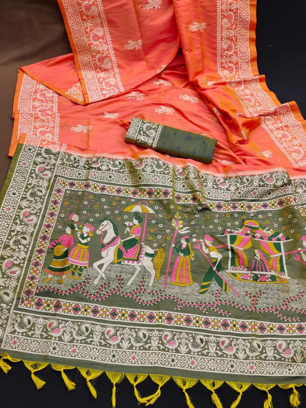 Peach & Green Coloured Two Tone Weaving with Antique Design Women Party wear Soft Raw Silk Saree with Blouse!!