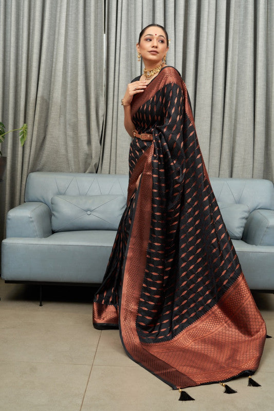 Black & Brick Red Coloured Soft Silk Jacquard Weaving Design Rich pallu with Elegant Copper Zari Women Designer Party wear Saree with Blouse!!