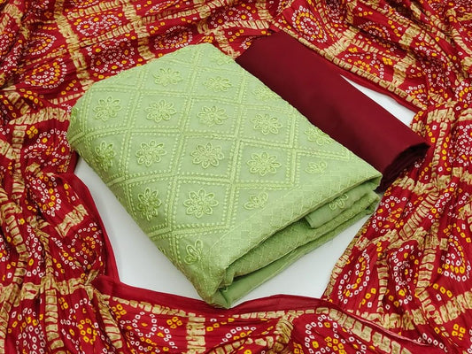 Green Coloured Designer Chikankari Bhandhini Dress Material Suit!!