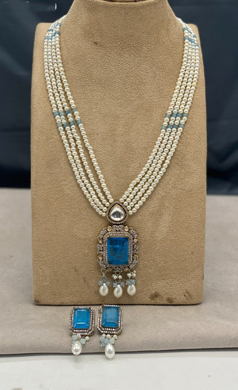 Exclusive Blue & White Coloured Premium Quality Pure Brass with Pearls Real Victorian set with Earrings for Women!!