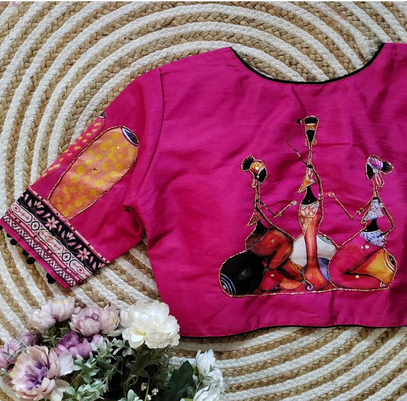 Dark Pink & Multi Coloured Pure Silk with Digital Printed & Hand work Woman Ready made Designer Botique Style Navaratri Concept Blouse- Free Size Up to 42 Inch!!