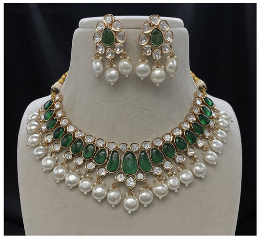 Gold & Green Coloured Pure Brass with Real Kundan & Pearls Women One Gram Gold Designer Necklace with Earrings!!