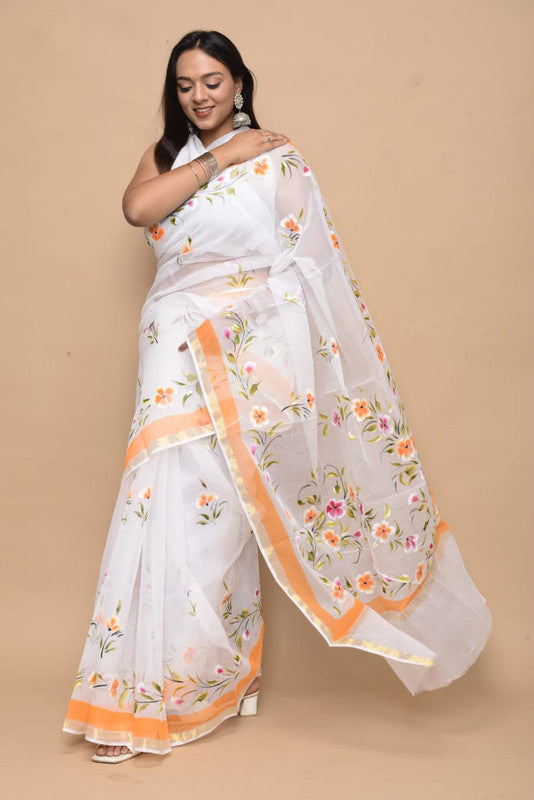 White with Orange & Multi Coloured Kota Doria Cotton Hand block Print with Jari Border Women Designer Party wear Kota Doria Cotton Saree with Blouse!!