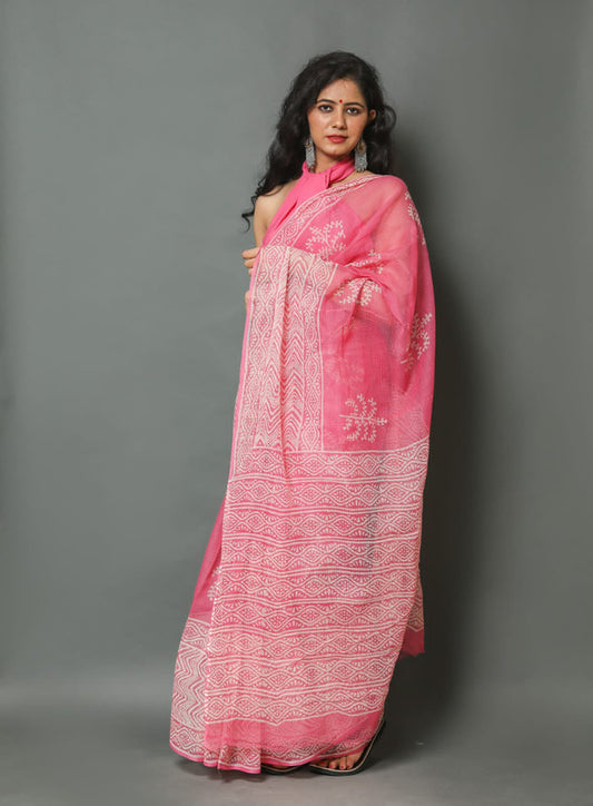 Pink Coloured Kota Doria Hand Block Printed Cotton Saree with Blouse!!