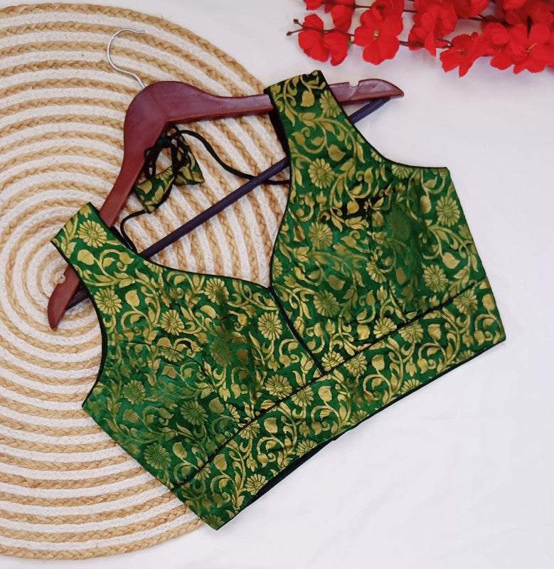 Green Coloured Banarasi Silk Woman Designer Beautiful Short Sleeves Ready made Blouse - 38 Size Fits Up to 40 Inch!!