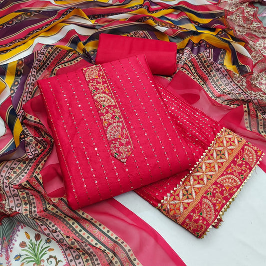 Red PC Cotton Sequence Work Designer Dress Material & Digital Print Dupatta Suit for women!!