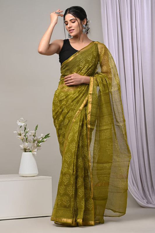 Mehendi Green & Multi Coloured Kota Doriya Cotton Beautiful Hand Block printed Women Daily/Party wear Saree with Blouse!!