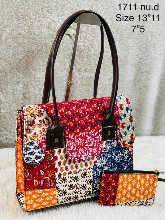 Red & Multi Coloured Pure Cotton Printed Women Multiple Partition Hammer Tote Bang- 2 PCS Combo( Tote Bag & Phone Pouch)!!
