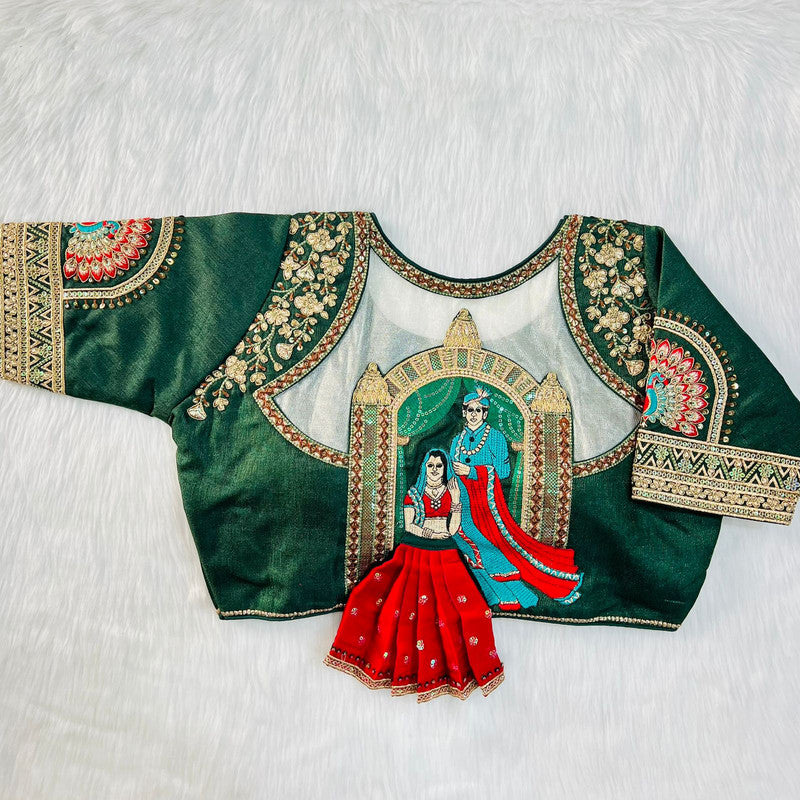 Green Milan Silk Heavy Embroidery Raja Rani Bridal work Ready made Designer Wedding Blouse!!