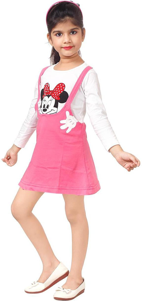 White & Pink Coloured Cotton Girls  Daily wear T Shirt & Skirt ( Dungarees)!!