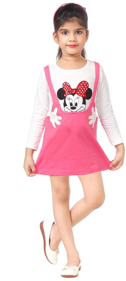 White & Pink Coloured Cotton Girls  Daily wear T Shirt & Skirt ( Dungarees)!!