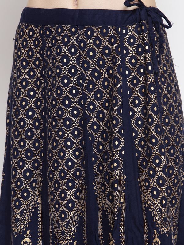 Gold Print Navy Blue coloured Rayon Skirt Free Size( 28 to 40 Inch)!!