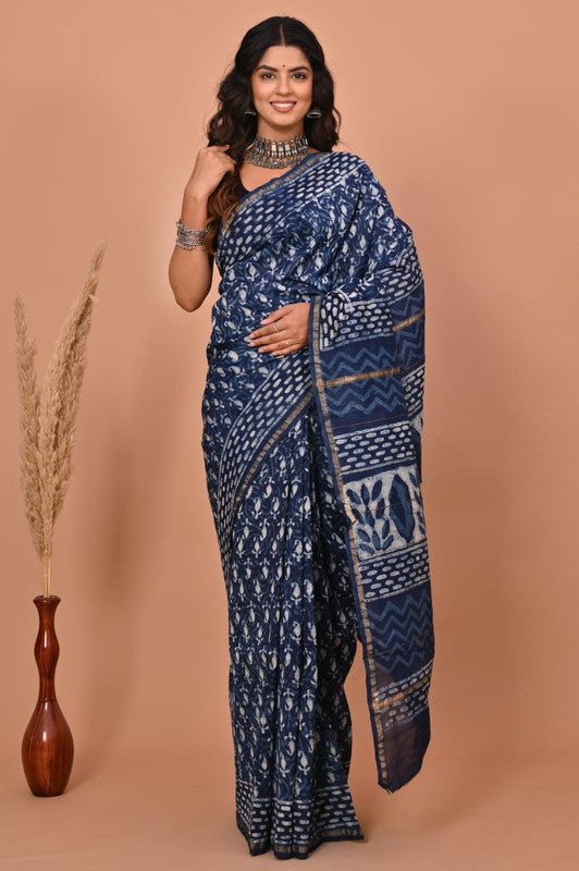 Navy Blue & Off White Coloured Hand Block Printed Women Designer Party wear Chanderi Cotton Silk Saree with Runnin Blouse!!