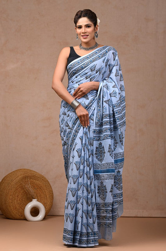 Blue & Multi Coloured Hand Block Bagru, Dabu & Batik Dye Print Women Designer Party wear Pure Cotton Saree with Runnin Blouse!!