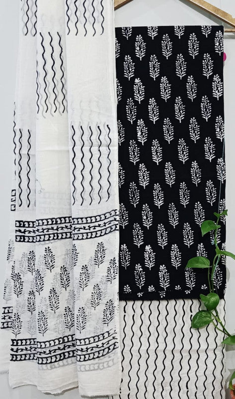 Black & White Coloured Unstitched Pure Cotton Hand Block Printed Women Party/Daily wear Dress Material Suit- Top with Bottom & Cotton Dupatta!!