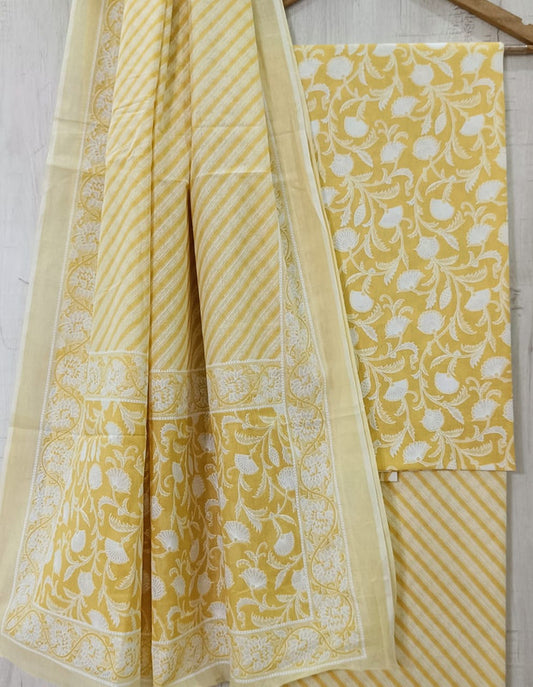 Yellow & White Coloured Unstitched Pure Cotton Hand Block Printed Women Party/Daily wear Dress Material Suit- Top with Bottom & Cotton Dupatta!!