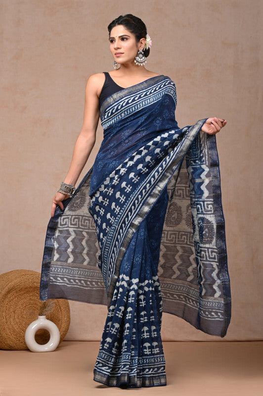 Blue & White Coloured Hand Block Printed Women Designer Party wear Maheshwari Cotton Silk Saree with Runnin Blouse!!