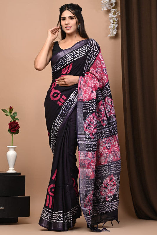 Latest Attractive Beautiful Designer Hand Block Print Linen Saree