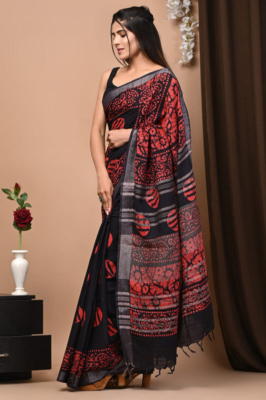 Latest Attractive Beautiful Designer Hand Block Print Linen Saree