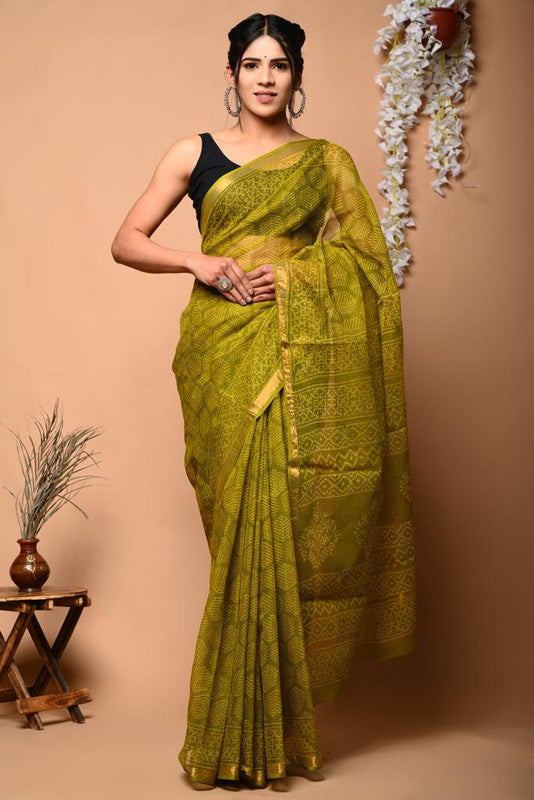 Mehendi Green & Black Coloured Beautiful Hand Block printed Women Daily/Party wear Kota Doriya Cotton Saree with Blouse!!