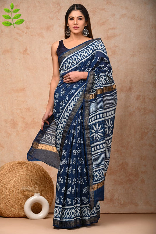 Blue & White Coloured Hand Block Printed Women Designer Party wear Maheshwari Cotton Silk Saree with Runnin Blouse!!