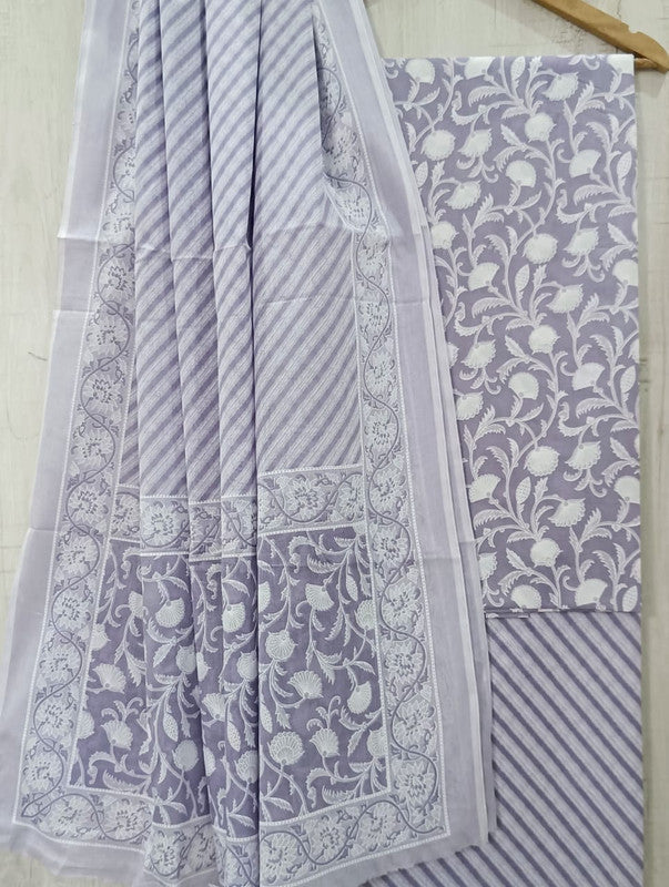 Purple & White Coloured Unstitched Pure Cotton Hand Block Printed Women Party/Daily wear Dress Material Suit- Top with Bottom & Cotton Dupatta!!