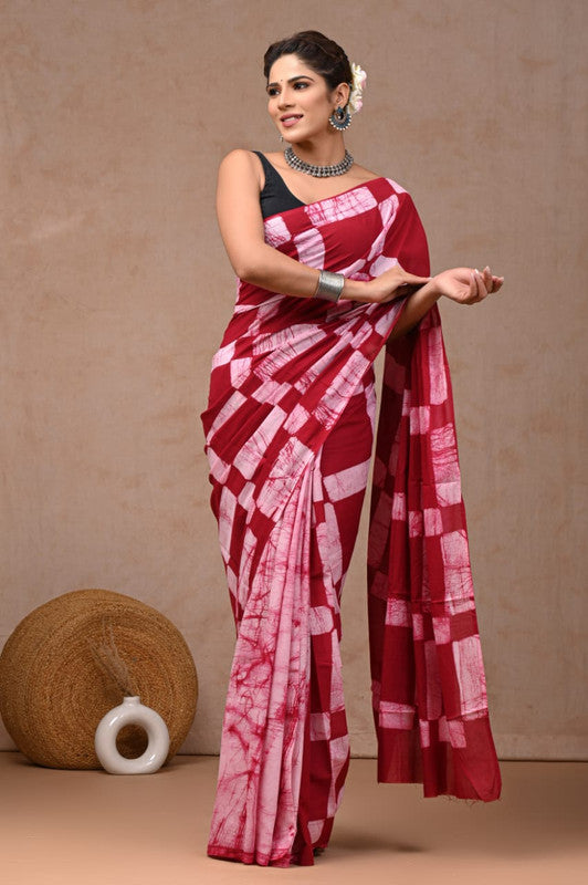 Maroon & White Coloured Hand Block Bagru, Dabu & Batik Dye Print Women Designer Party wear Pure Cotton Saree with Runnin Blouse!!