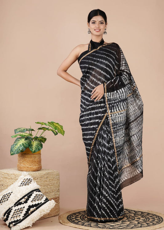 Black & Off White Coloured Hand Block Printed Women Designer Party wear Chanderi Cotton Silk Saree with Runnin Blouse!!