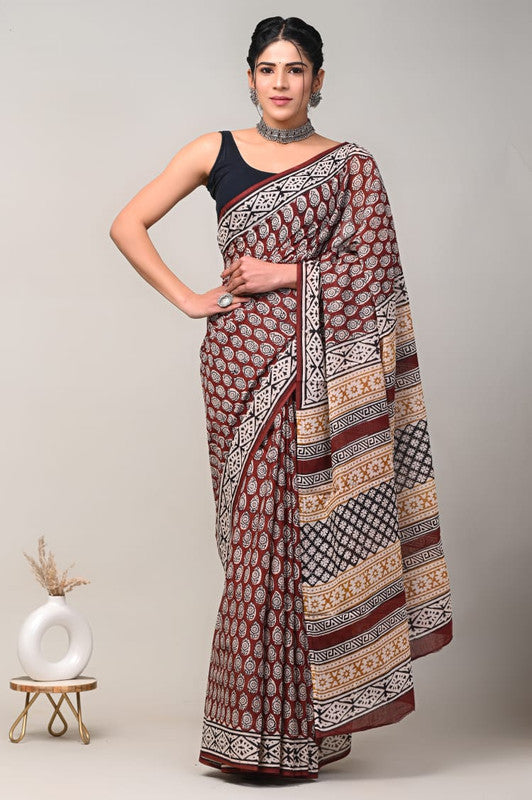 Brown & White Coloured Beautiful Hand Block printed Women Daily/Party wear Pure Cotton Saree with Blouse!!