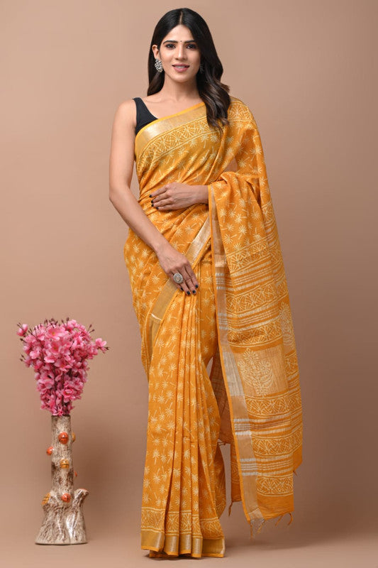 Mustard Yellow & Off White Coloured Exclusive Hand Block printed Women Daily/Party wear Linen Cotton Saree with Blouse!!