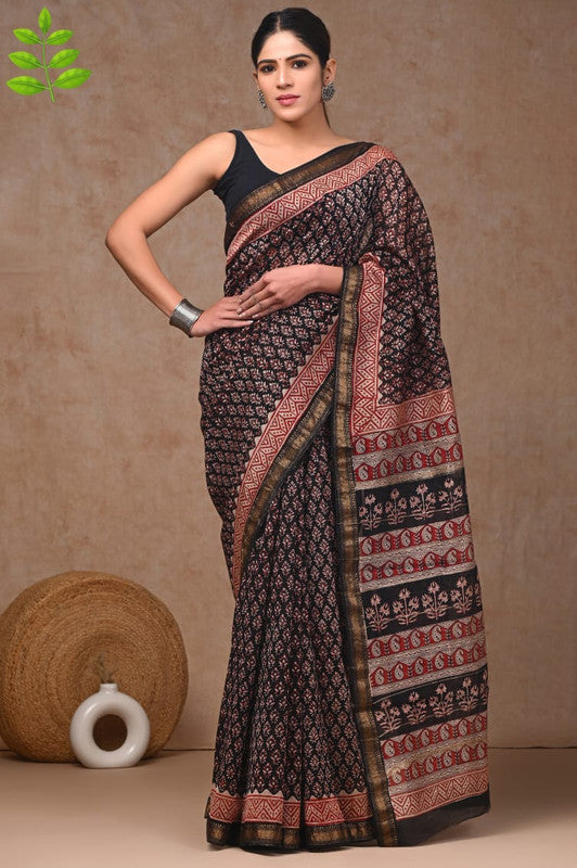 Brown & Multi Coloured Hand Block Printed Women Designer Party wear Maheshwari Cotton Silk Saree with Runnin Blouse!!