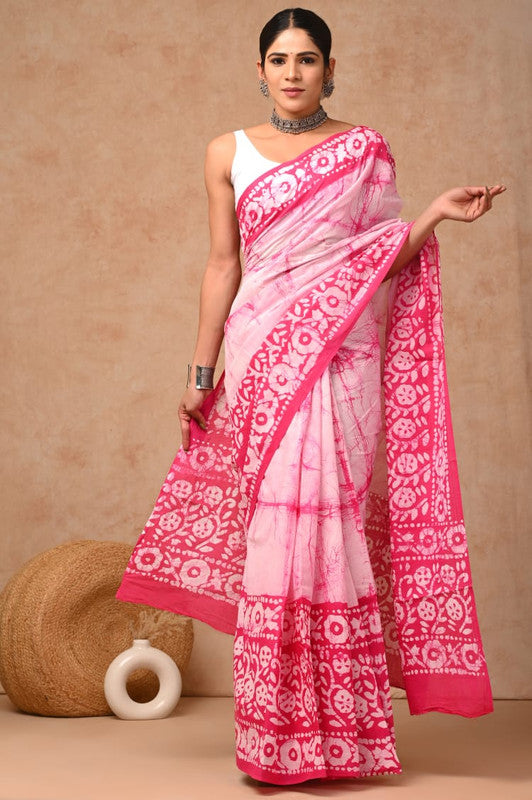 Pink & White Coloured Hand Block Bagru, Dabu & Batik Dye Print Women Designer Party wear Pure Cotton Saree with Runnin Blouse!!