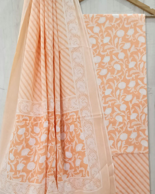 Peach & White Coloured Unstitched Pure Cotton Hand Block Printed Women Party/Daily wear Dress Material Suit- Top with Bottom & Cotton Dupatta!!