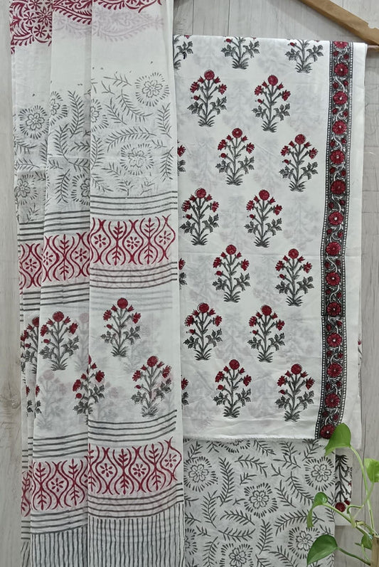 White & Maroon Coloured Unstitched Pure Cotton Hand Block Printed Women Party/Daily wear Dress Material Suit- Top with Bottom & Cotton Dupatta!!