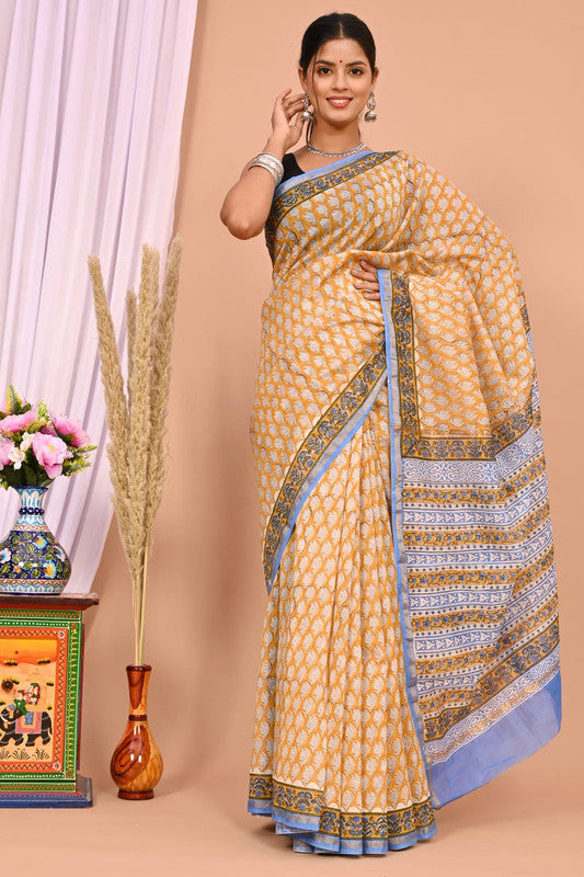 Mustard Yellow & Multi Coloured Hand Block Printed Women Designer Party wear Chanderi Cotton Silk Saree with Runnin Blouse!!