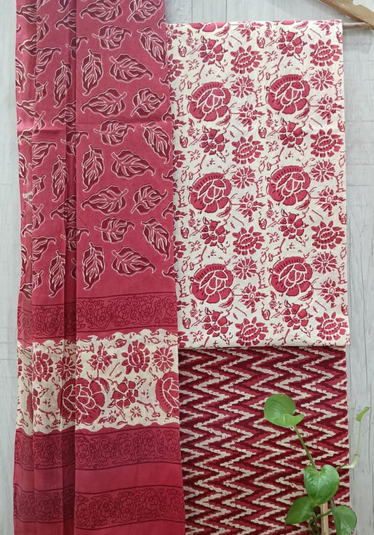 Pink & White Coloured Unstitched Pure Cotton Hand Block Printed Women Party/Daily wear Dress Material Suit- Top with Bottom & Cotton Dupatta!!